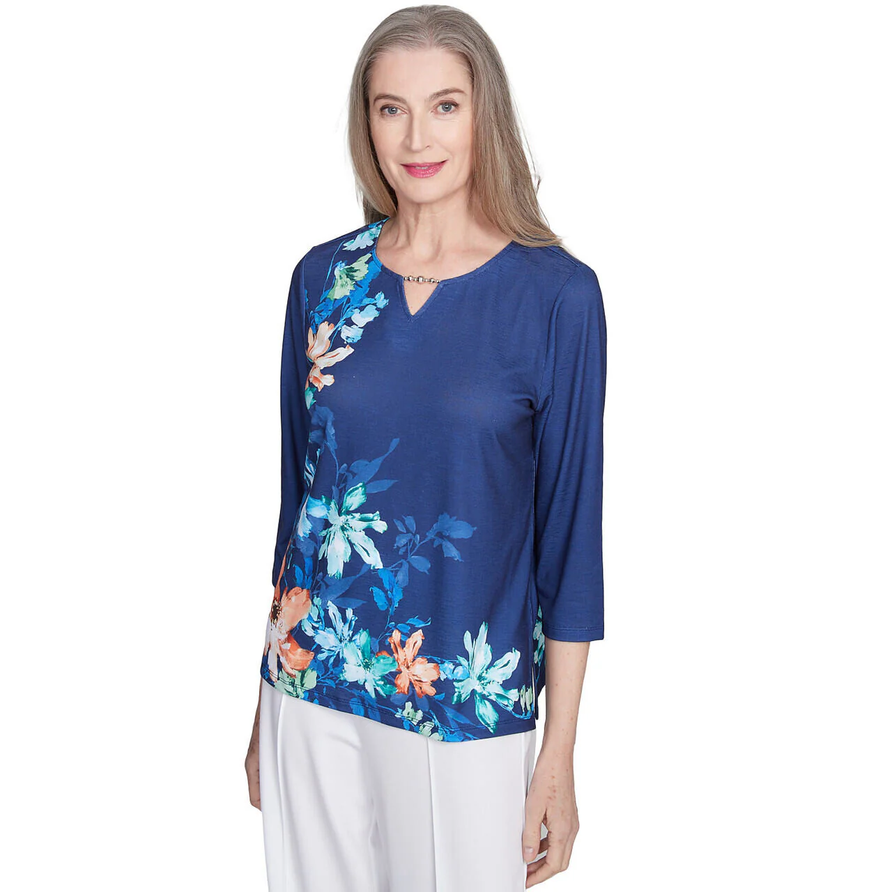 Women's Asymmetric Floral Beaded Split Neck Top - 89458 - Image 4