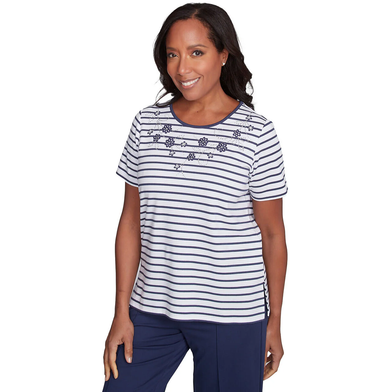 Women's Beaded Floral Striped Tee - 89453 - Image 3