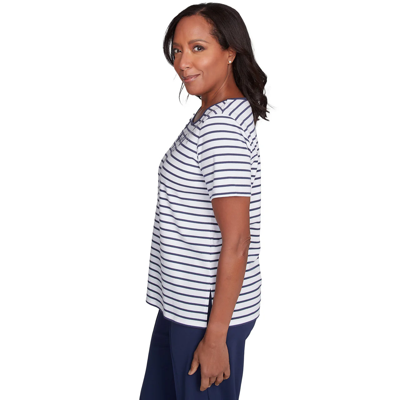 Women's Beaded Floral Striped Tee - 89453 - Image 4