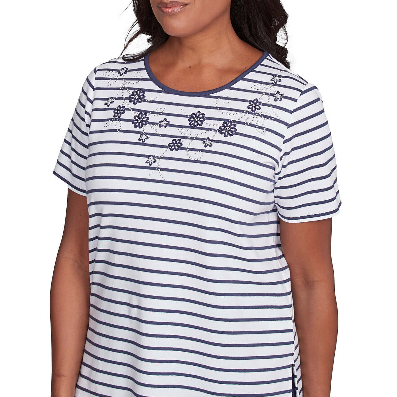 Women's Beaded Floral Striped Tee - 89453 - Image 5