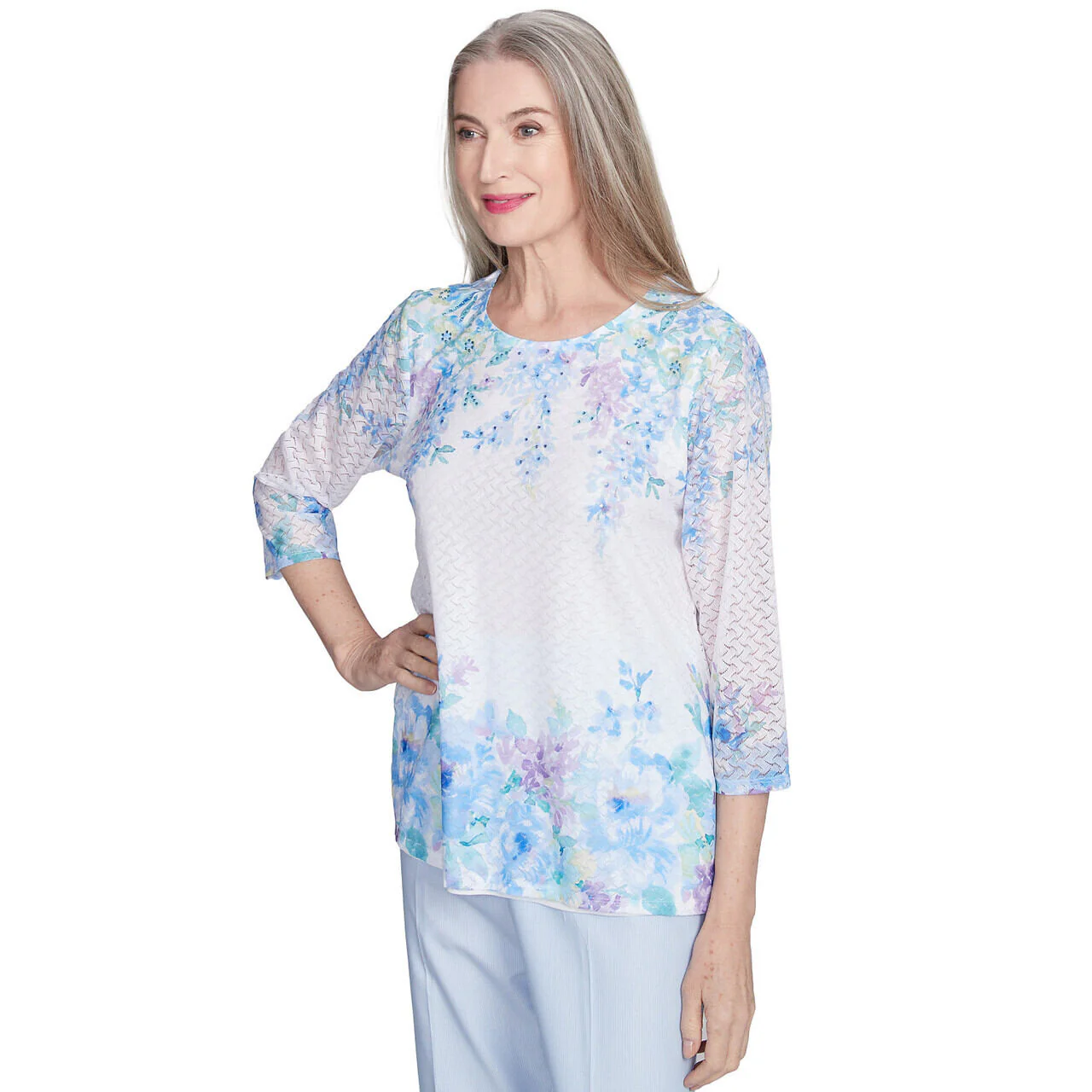 Women's Textured Sky Blue Floral Border Top - 95456 - Image 3